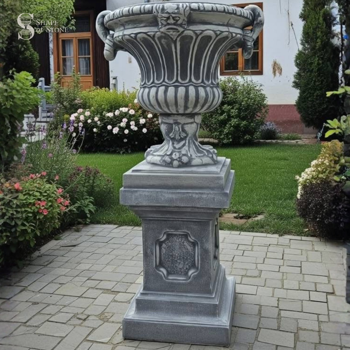 Grand Stone Urn on Pedestal – Reconstituted Stone Garden Feature